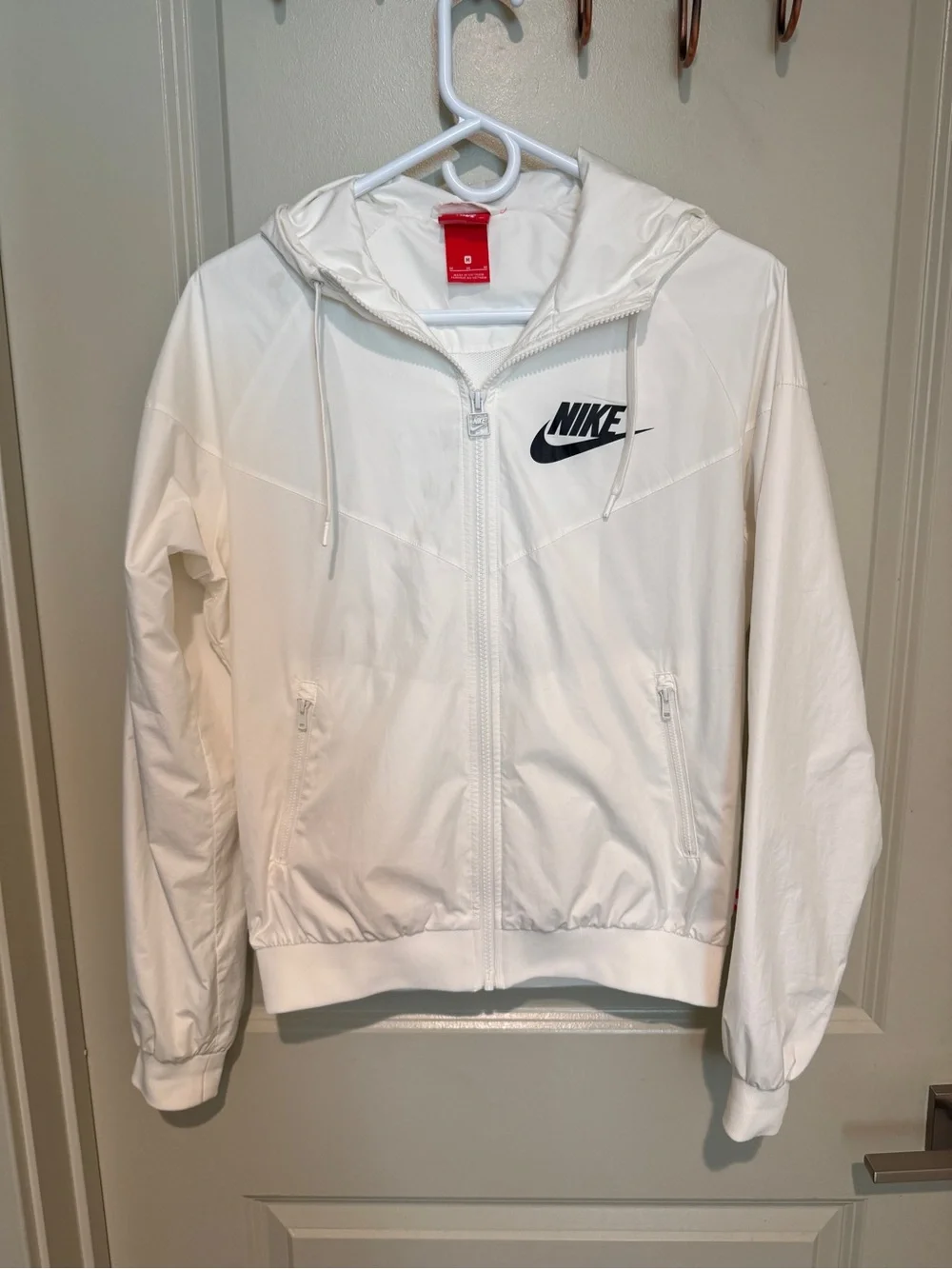 Nike White Women's Hooded Bomber Jacket with Black Swoosh
